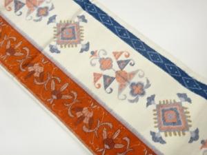 手織り紬抽象華紋に花唐草模様織出し名古屋帯